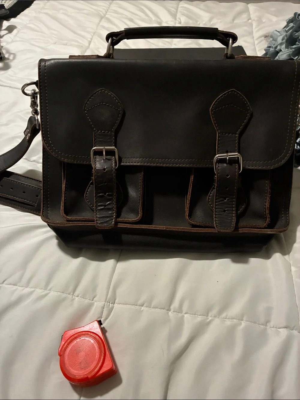 Men's Brown Leather Messenger Bag with Buckle Front